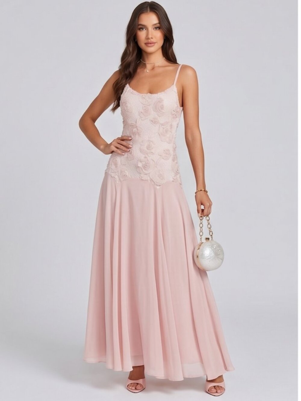 Dimensional 3D Floral Chiffon Maxi Dress in Soft Pink